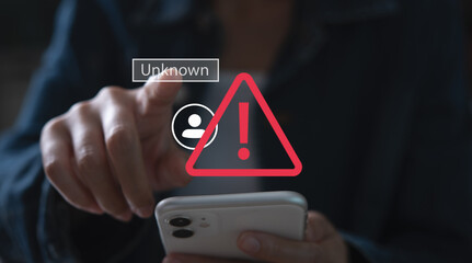 System hacked warning alert. Cyber security on mobile app. Man using mobile phone with warning alert due to fraud, system hacked due to cyber attcak, unknown call