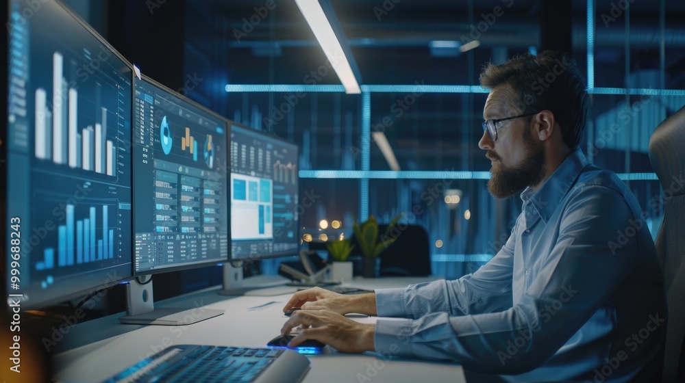 Poster a person sitting at a desk with a computer monitor in the foreground, possibly focused on work or st
