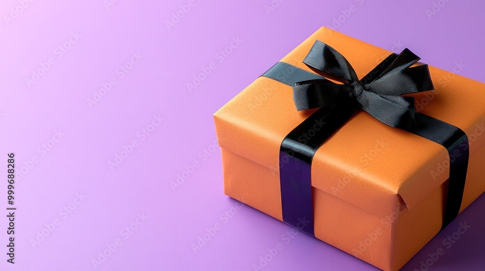 Wall mural A neatly wrapped orange gift box with a black ribbon on a purple background.