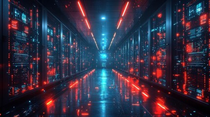 A futuristic server room illuminated by red and blue lights, showcasing rows of data servers that create a high-tech atmosphere.