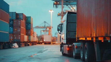 A truck parked among shipping containers in a port, highlighting logistics and transport.