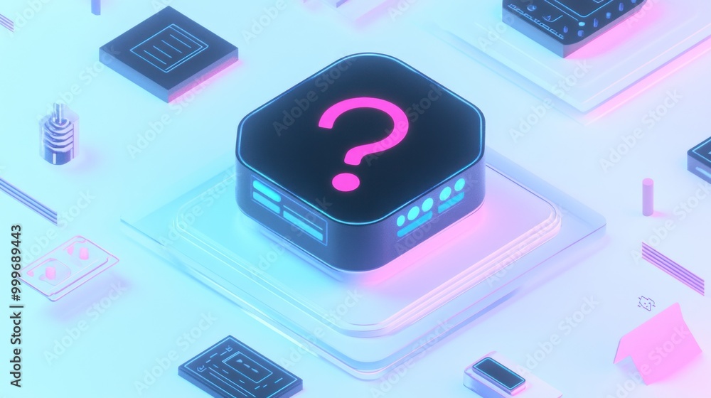 Poster a futuristic graphic featuring a question mark on a tech-themed platform.