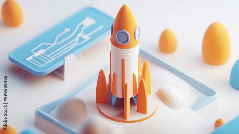 Poster a colorful rocket model surrounded by abstract shapes and a graph, symbolizing innovation.