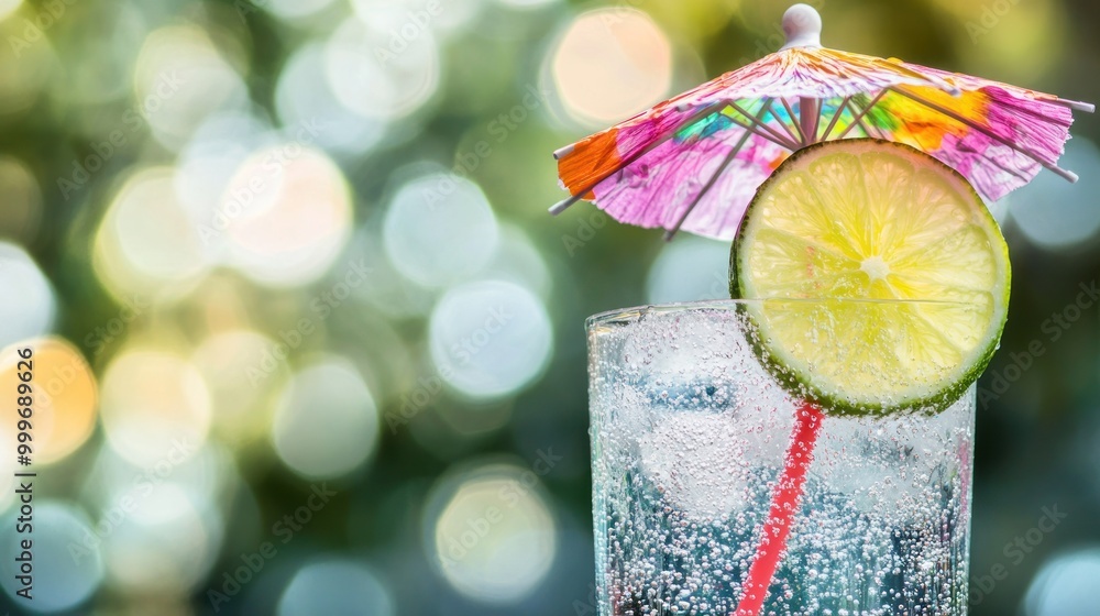 Wall mural A refreshing drink with a colorful umbrella and lime slice, set against a blurred background.