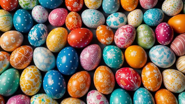 A vibrant display of decorated eggs showcases bright colors and intricate patterns, celebrating spring and tradition in a joyful atmosphere