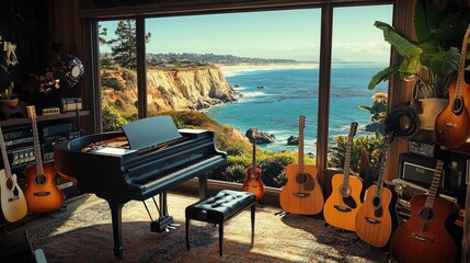 A cozy Scandinavian-style home music room with a grand piano