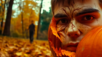 Portrait of a teenager's face. The head is inside a pumpkin is creepy. Halloween. Copy space. AI