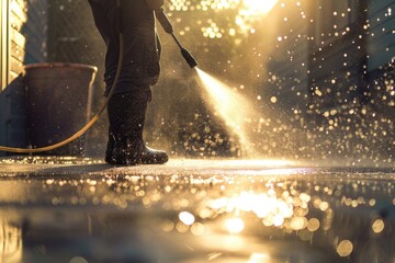 A person waters the street with a hose