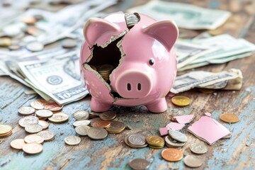 A broken piggy bank surrounded by scattered coins and bills, symbolizing financial insecurity and the impact of an economic crisis on savings