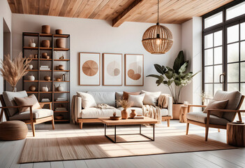 Living room interior in boho eco style with decorative elements and wonderful view
