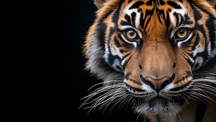 A breathtaking close-up of a majestic tiger's face, showcasing its fierce gaze and vibrant fur patterns set against a dark backdrop, embodying wild beauty and strength.