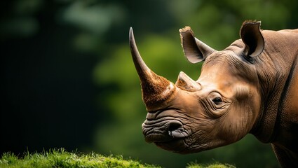 Obraz premium A majestic rhinoceros stands gracefully, showcasing its powerful horn and textured skin in the lush greenery, embodying the beauty and strength of wildlife in harmony.