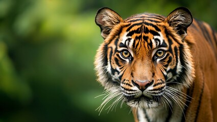 Fototapeta premium In the Heart of the Jungle: A Majestic Tiger Stares Intently, Its Striking Stripes and Piercing Eyes Capturing the Essence of Wild Beauty and Nature's Unyielding Spirit.