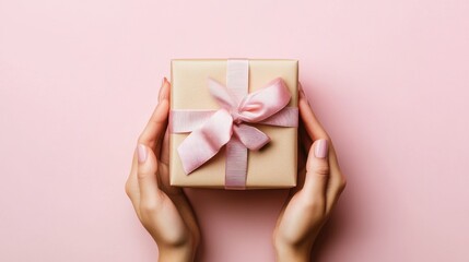 A pair of hands holding a beautifully wrapped gift box with a pink ribbon on a pastel background.