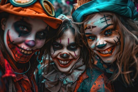 A group of individuals wearing colorful clown costumes for a themed event or performance