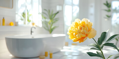 Elegant Bathroom Interior with Yellow Roses in Vase