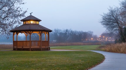 A wooden gazebo by a misty path near a lake, creating a serene outdoor space.