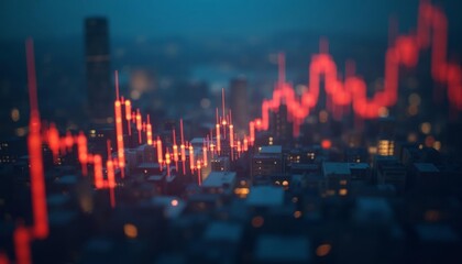  Cityscape at night with vibrant stock market data overlay