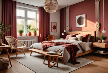 Bedroom interior in boho eco style with decorative elements