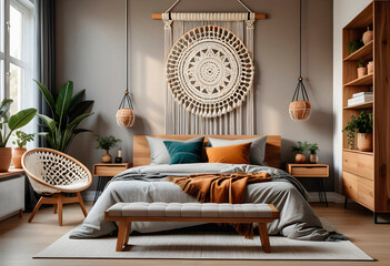 Bedroom interior in boho eco style with decorative elements