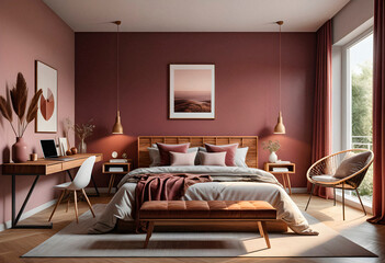 Bedroom interior in boho eco style with decorative elements