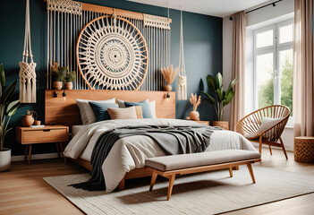 Bedroom interior in boho eco style with decorative elements