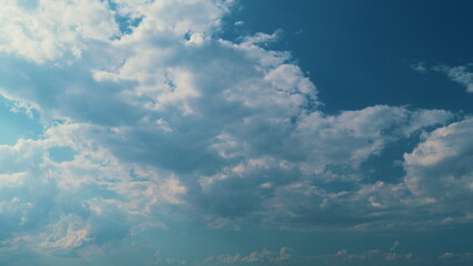 Rolling Puffy Clouds Are Moving. Nature Weather Blue Sky. Rainy Clouds Background. Relax.