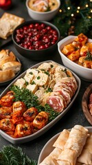 Festive holiday appetizer spread with assorted delicacies