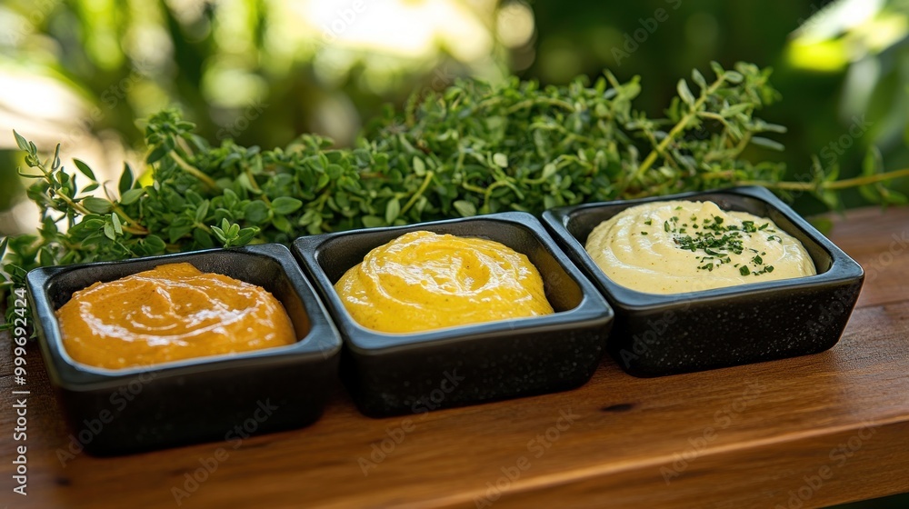 Sticker Three bowls of colorful dips or spreads garnished with herbs on a wooden surface.