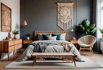 Bedroom interior in boho eco style with decorative elements