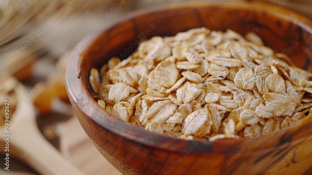 Poster a simple and rustic setting featuring a wooden bowl filled with oatmeal placed on a table