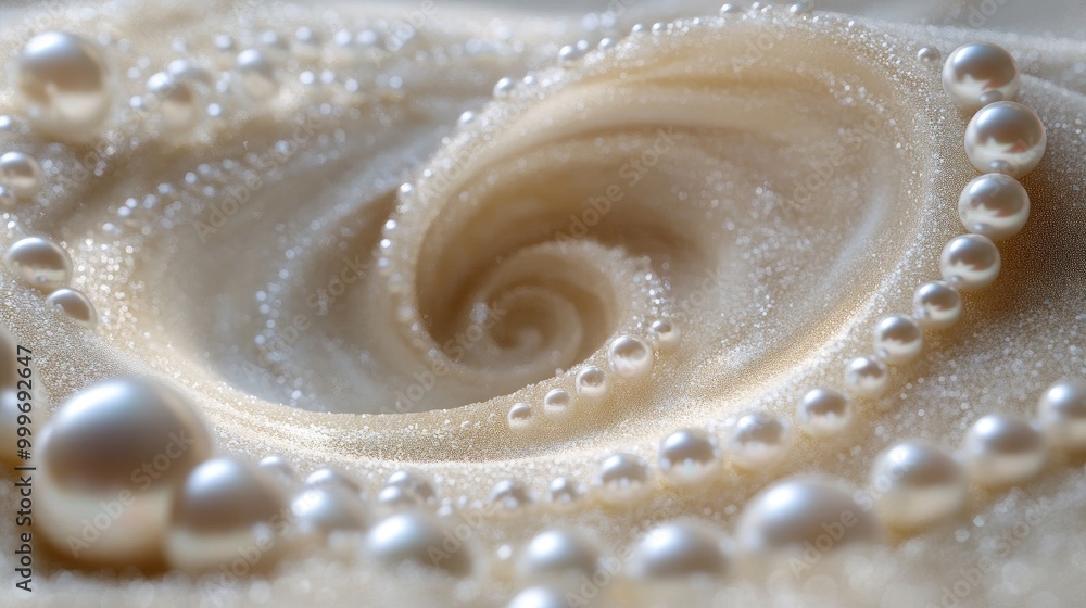 Poster beautiful pearls swirl in dynamic trails, creating a stunning abstract pattern on soft sand, offerin