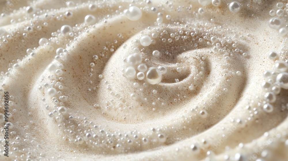 Poster beautiful pearls swirl in dynamic trails, creating a stunning abstract pattern on soft sand, offerin