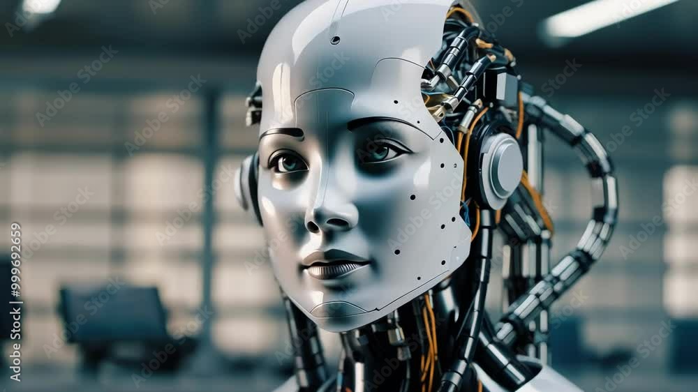 Poster a futuristic humanoid robot showcases intricate design and emotion, emphasizing advancements in tech