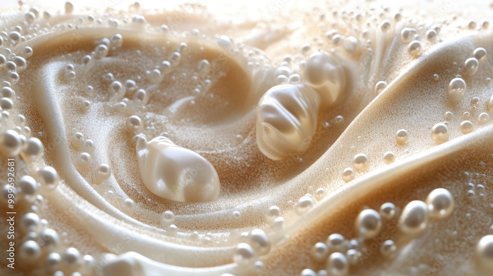 Poster beautiful pearls swirl in dynamic trails, creating a stunning abstract pattern on soft sand, offerin