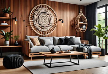 Living room interior in boho eco style with decorative elements and wonderful view