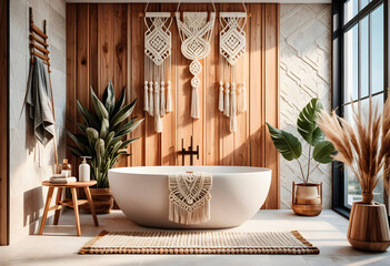 Bathroom interior in boho eco style with decorative elements