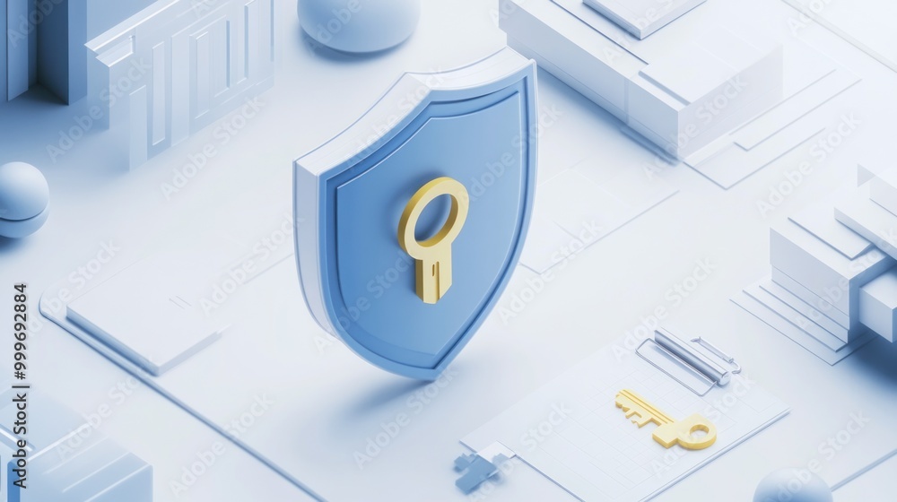 Poster a stylized shield with a key symbol, representing security and protection in a digital context.