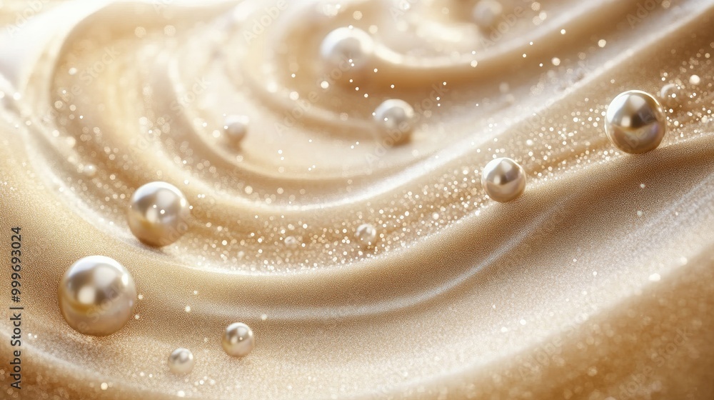 Poster mesmerizing pearls in swirling trails form an intricate abstract pattern on a sand background, perfe