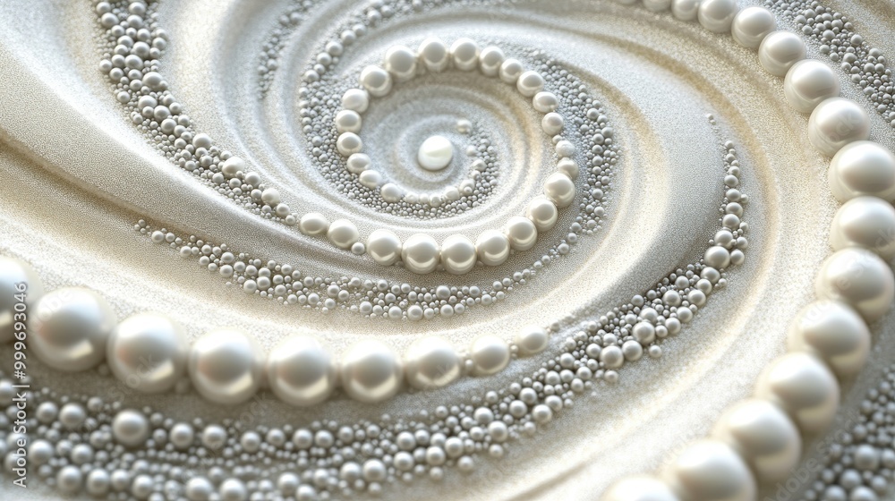 Poster mesmerizing pearls in swirling trails form an intricate abstract pattern on a sand background, perfe