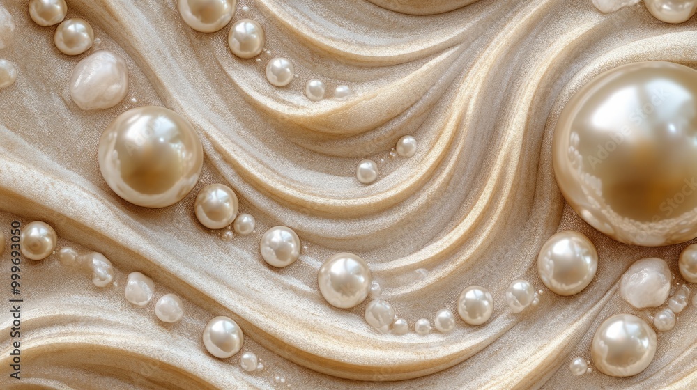 Poster mesmerizing pearls in swirling trails form an intricate abstract pattern on a sand background, perfe