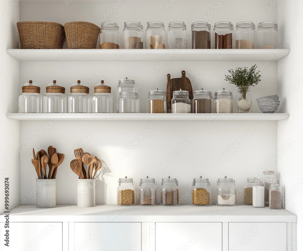 Poster a neatly organized kitchen shelf displaying jars and utensils for food storage and preparation.