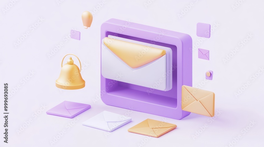 Poster a 3d illustration of an email interface with envelopes and notification elements.