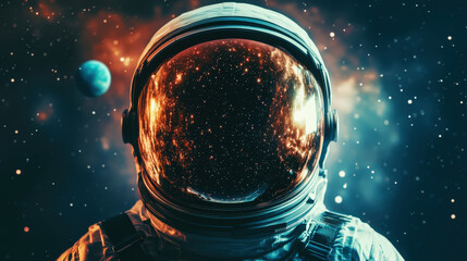 Astronaut in helmet floating in space, portrait, open space, milky way, stars and planets background. Generative AI