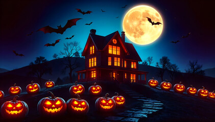 Halloween scene pumpkins with glowing eyes