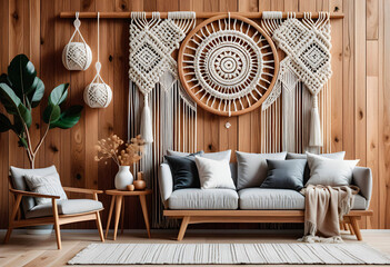 Living room interior in boho eco style with decorative elements and wonderful view