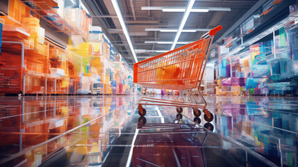 Shopping in supermarket by supermarket cart in motion blur