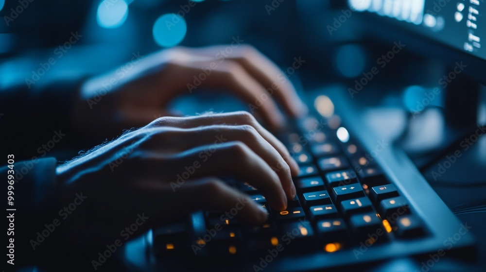 Poster close up of hands typing on a backlit keyboard with blurred background.