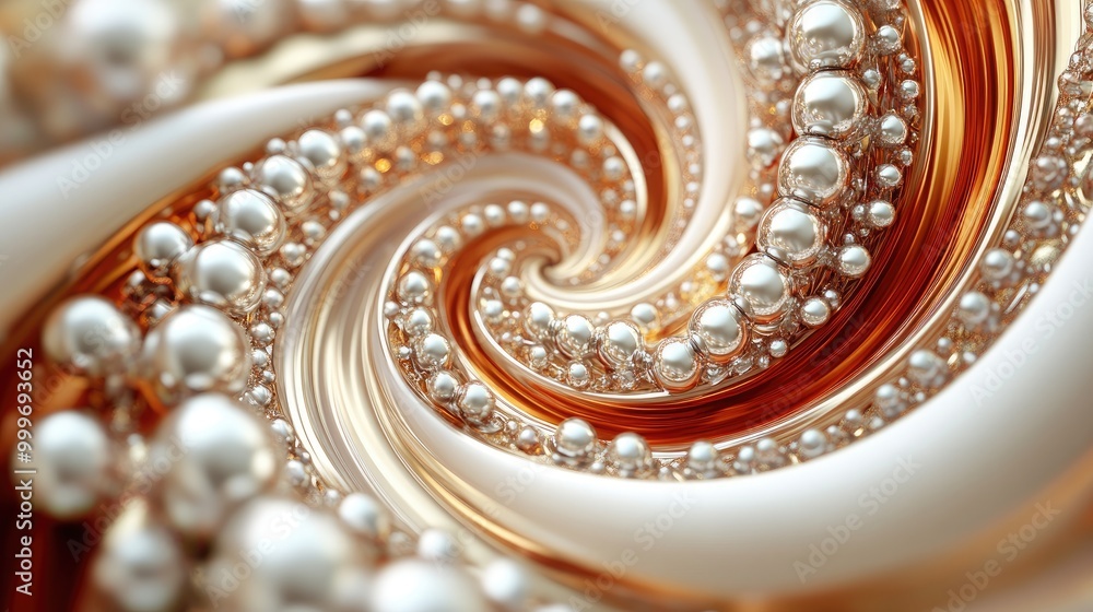 Poster pearls in swirling trails form a stunning abstract pattern against a jewelry motif background, creat