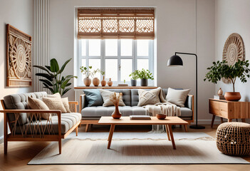Living room interior in boho eco style with decorative elements and wonderful view